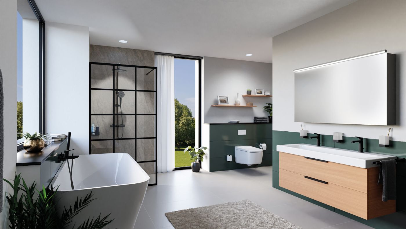 FORMAT Komplettbad mit FORMAT Waschplatz, FORMAT Walk-In Dusche, FORMAT Dusch-WC und FORMAT Badewanne mit Stabbrause